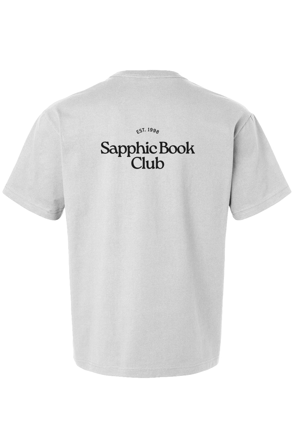 White t-shirt with 'Sapphic Book Club' text on a white background