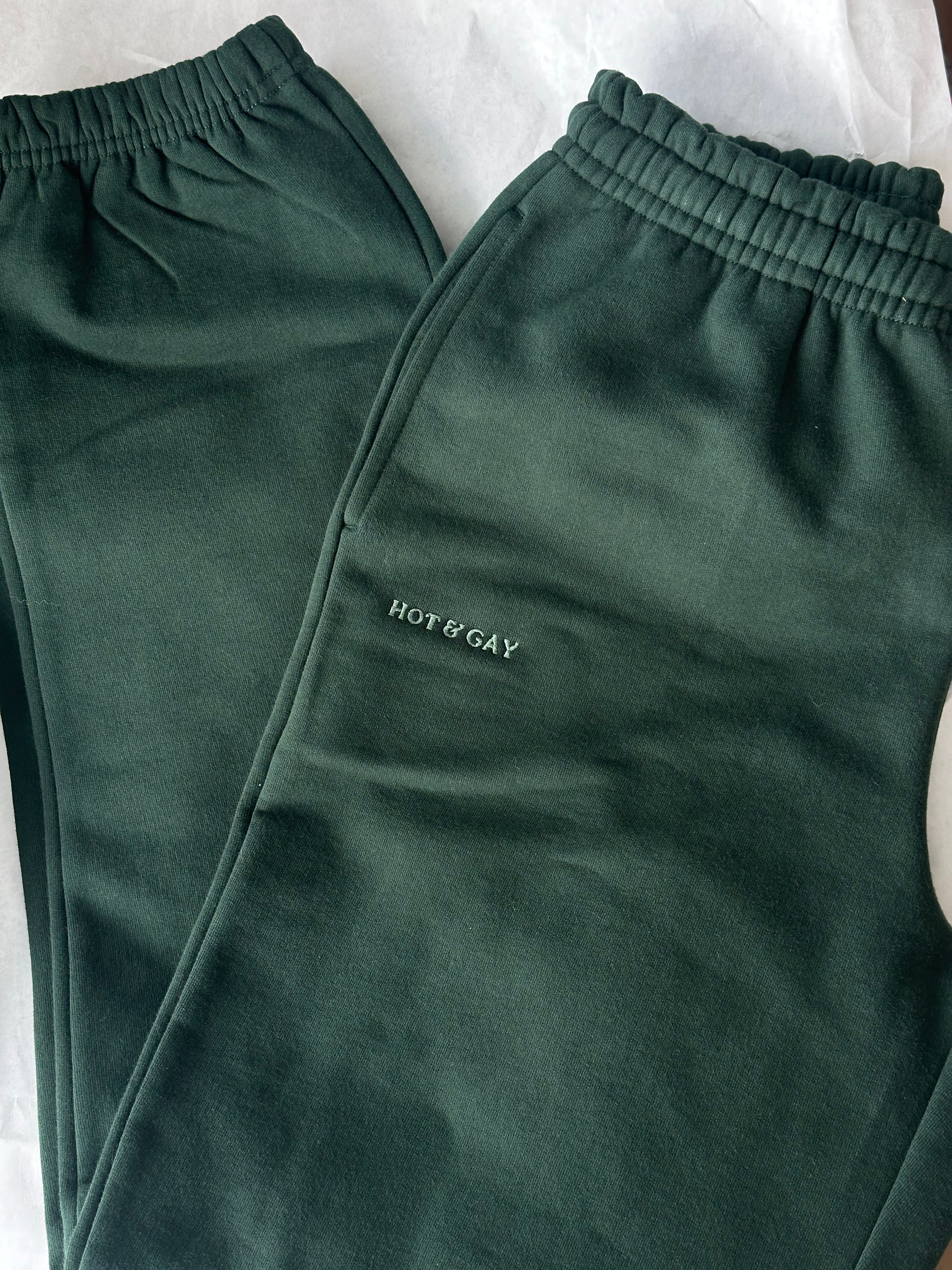 Green sweatpants with 'HOT & GAY' embroidery on a white background